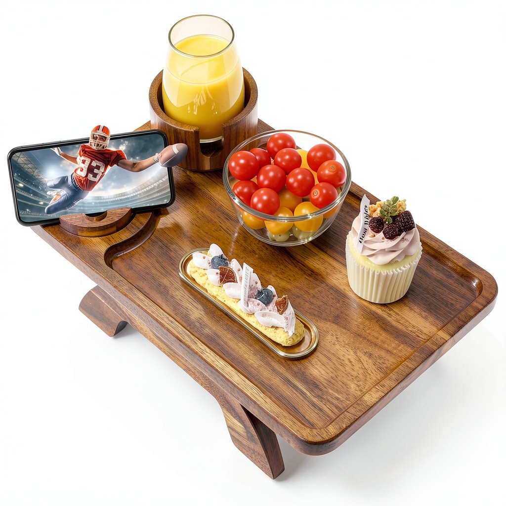 Acanacle Acacia Wood Couch Arm Tray TV Tray on a wooden couch