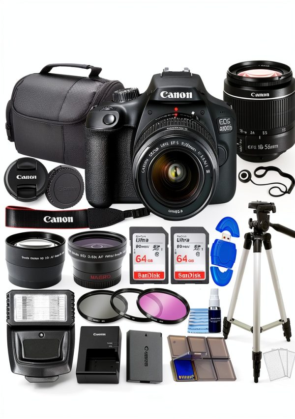Canon EOS 4000D / Rebel T100 DSLR Camera w/EF-S 18-55mm f/3.5-5.6 Lens 3 Lens Kit Bundled with 128GB Memory + Wide Angle Lens + Telephoto Lens + Flash + More (Renewed) Black-0
