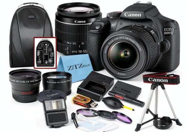 Canon EOS 2000D / Rebel T7 DSLR Camera with EF-S 18-55mm Lens + SanDisk 32GB Card Tripod Case Wideangle Lenses ZeeTech Accessory Bundle (20pc Bundle) (18-55MM, Card) Black (Renewed)-0