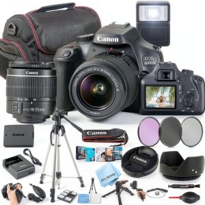 Canon EOS 4000D DSLR Camera with Bundle: Lens, Card, Tripod, Flash-0