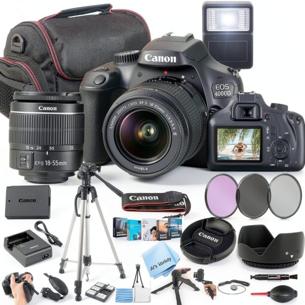 Canon EOS 4000D DSLR Camera with Bundle: Lens, Card, Tripod, Flash-0
